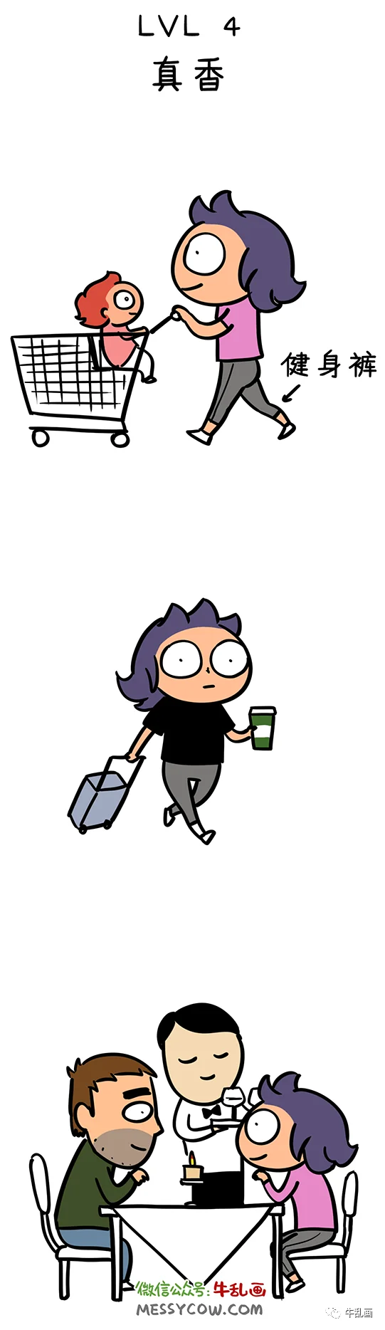 Level 4: Messycow in gym leggings pushing a cart, traveling, and out to dinner