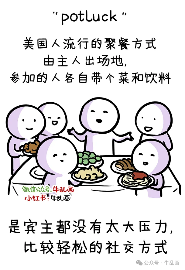 Comic panel explaining what a potluck is, with people sharing dishes around a table