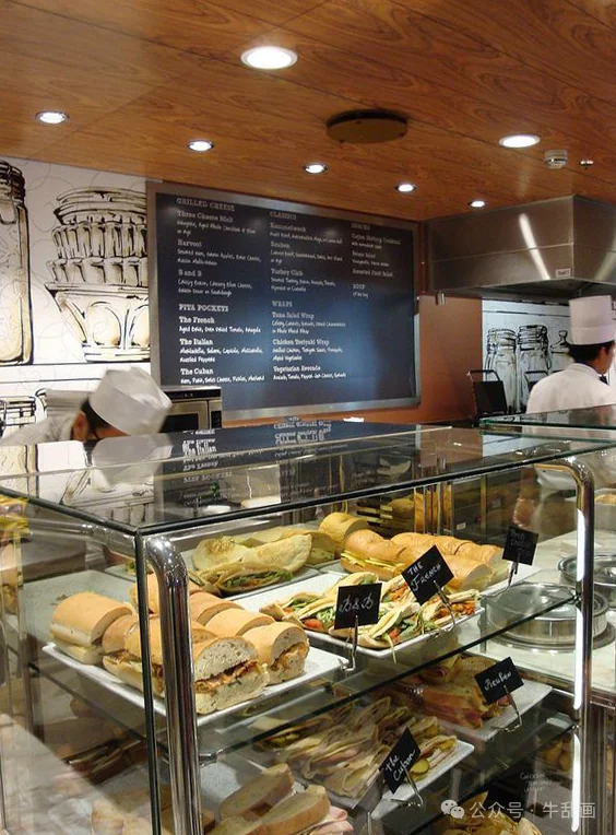 Sandwich and dessert case at the café